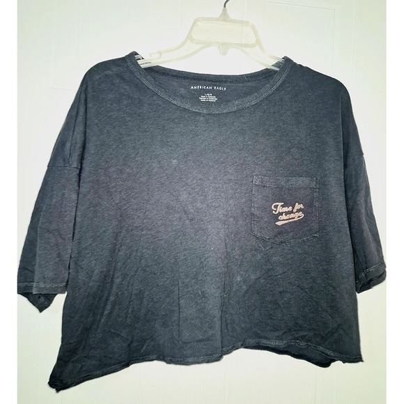 American Eagle Outfitters Tops - American Eagle Time for Change Pocket T-Shirt Dark Grey Raw Hem Boxy Fit Large